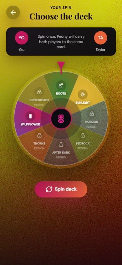 Peony deck picker — eight decks from first-date light to soul-deep