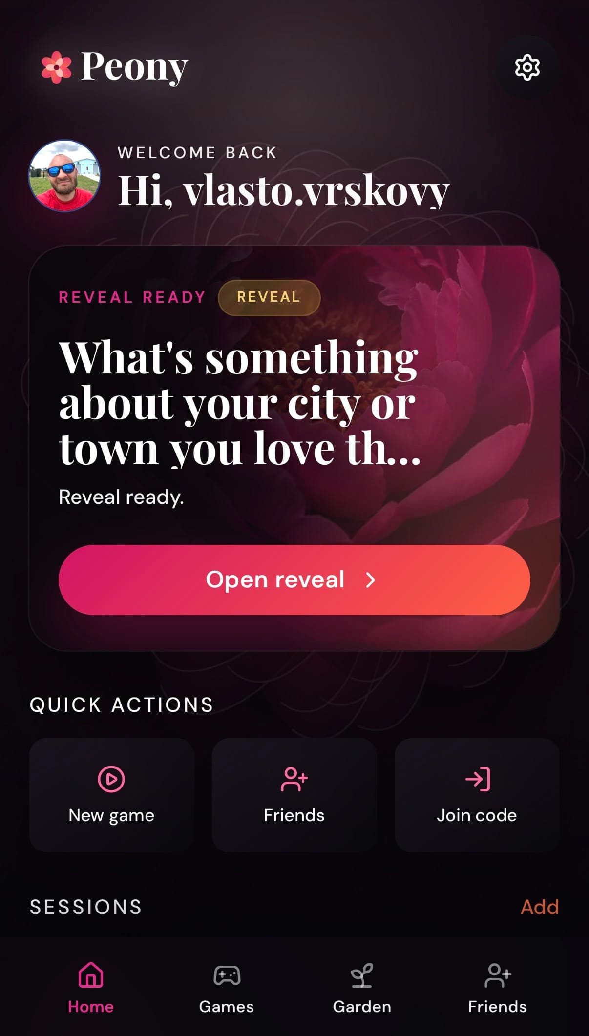 Peony home — welcome back dashboard