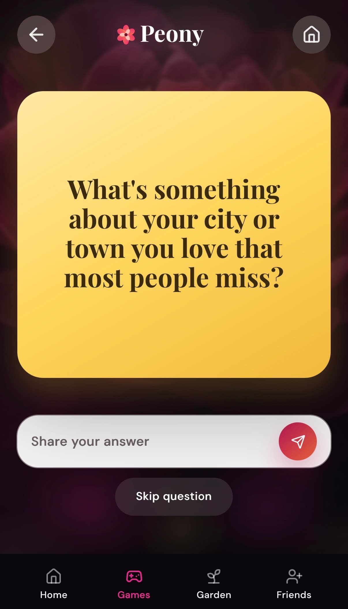 Peony question screen — a prompt waiting for both partners to answer