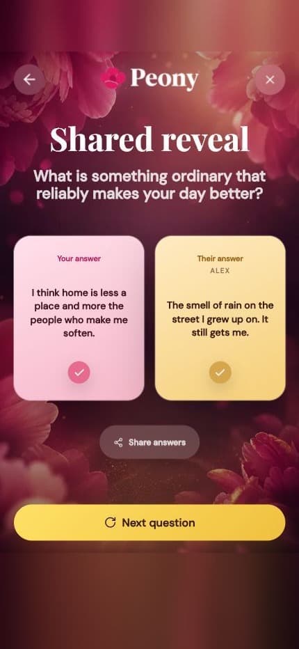 Peony reveal screen — both answers shown side by side