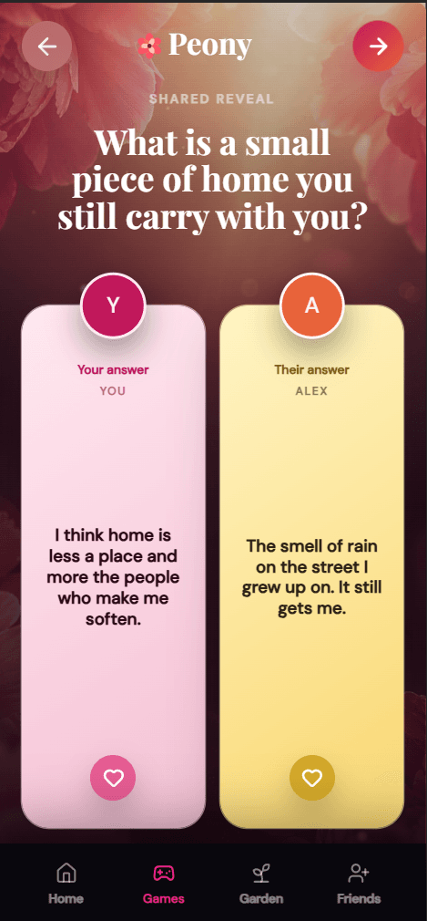 Peony shared reveal — both answers shown side by side