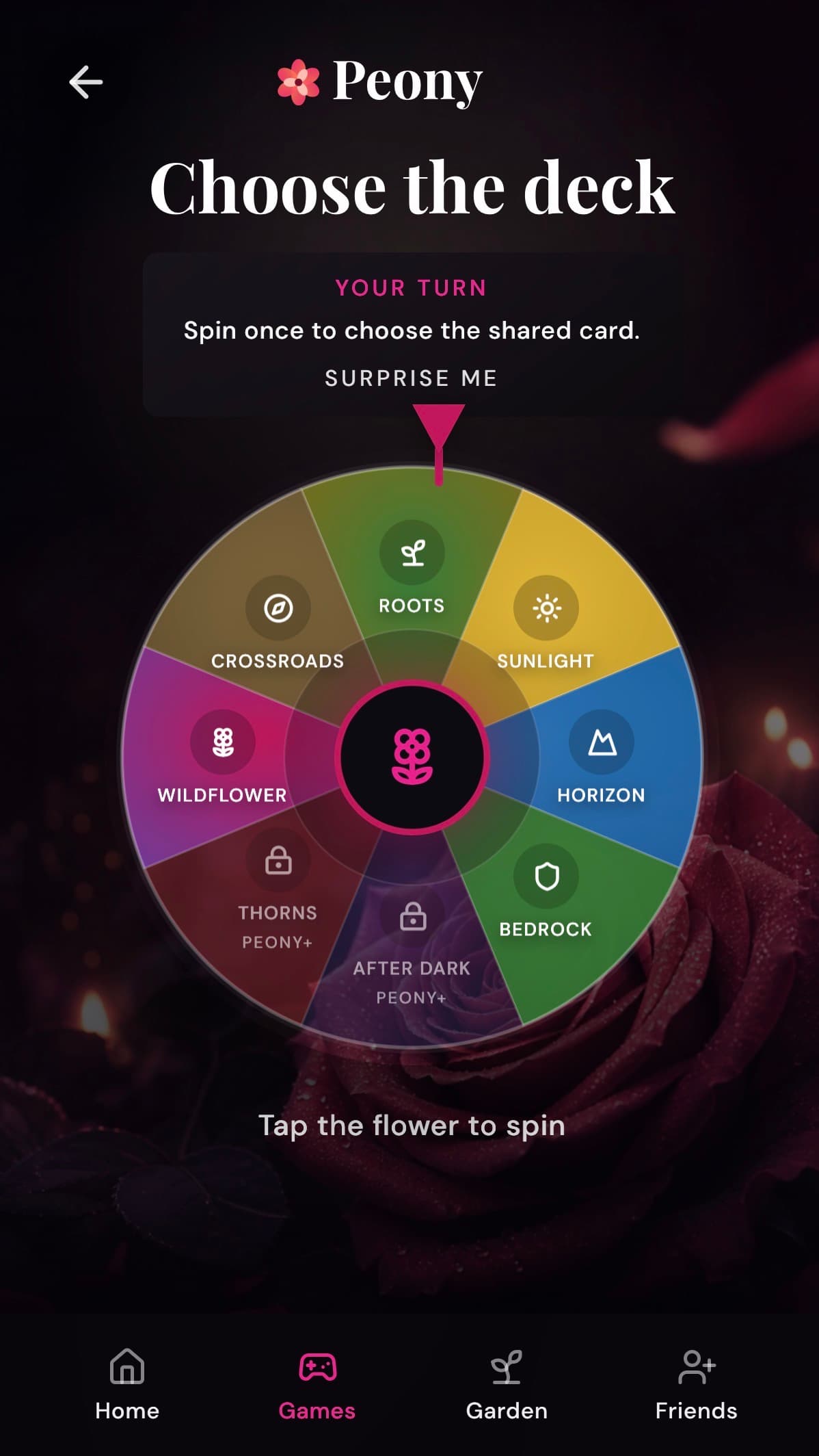 Peony deck picker — spin the wheel to choose from eight themed decks